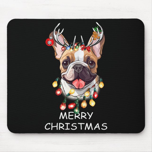 Santa Reindeer French Bulldog Dog Christmas Lights Mouse Pad (Front)