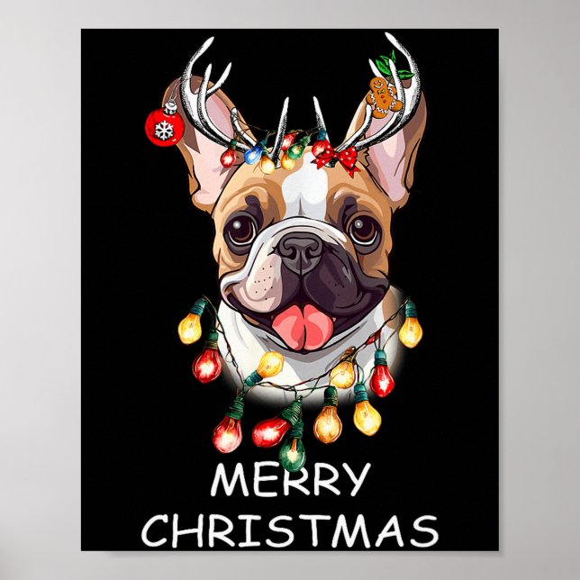 Santa Reindeer French Bulldog Dog Christmas Lights Poster (Front)