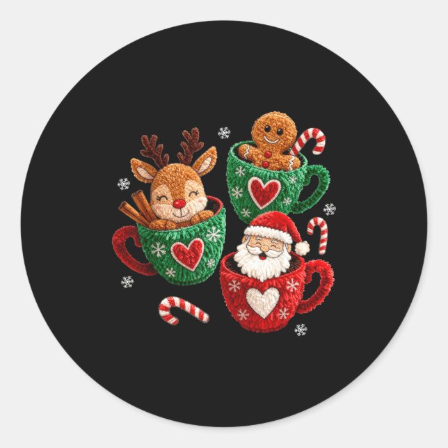 Santa Reindeer Gingerbread Faux Yarn Christmas  Classic Round Sticker (Front)
