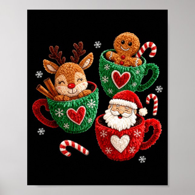 Santa Reindeer Gingerbread Faux Yarn Christmas  Poster (Front)