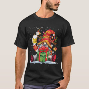 Santa Reindeer Gnome Drinking Beer Funny Christmas T-Shirt