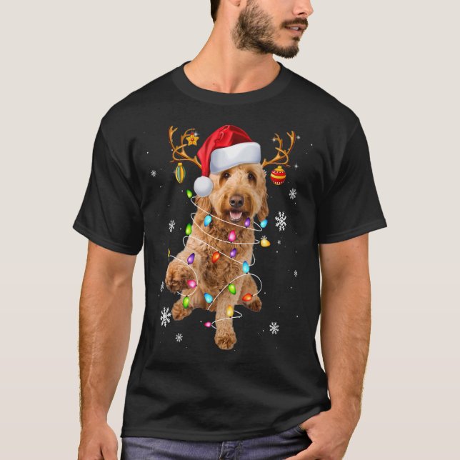 Santa Reindeer Goldendoodle Christmas Lights Xmas  T-Shirt (Front)