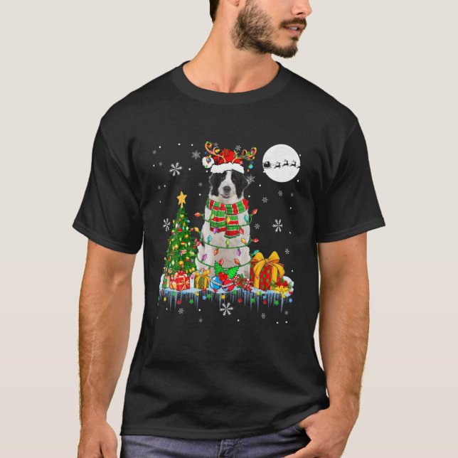 Santa Reindeer Landseer Christmas Tree Lights Dog  T-Shirt (Front)