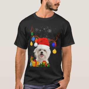 Santa Reindeer Maltese Dog Christmas Lights Xmas T-Shirt