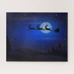 Santa Reindeer Over Moon in Blue Jigsaw Puzzle