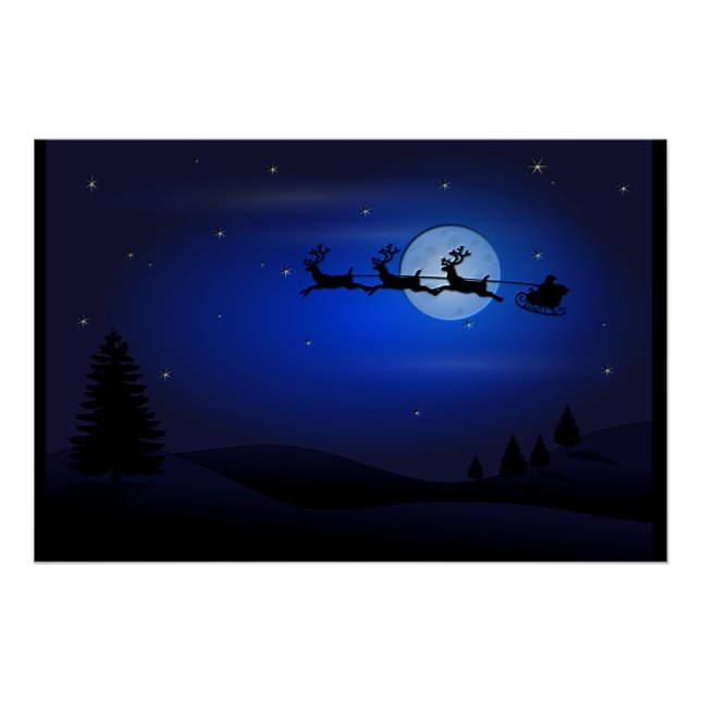 Santa Reindeer Over Moon in Blue Poster (Front)