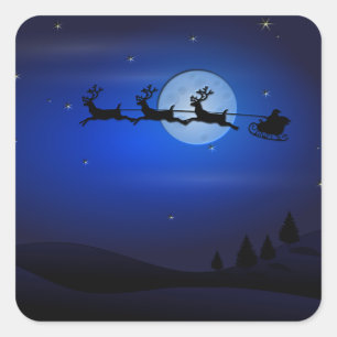 Santa Reindeer Over Moon in Blue Square Sticker