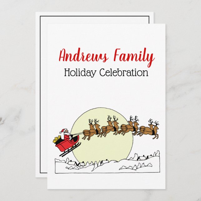 Santa Reindeer Over Snow Covered Town Lt Moon Invitation (Front/Back)