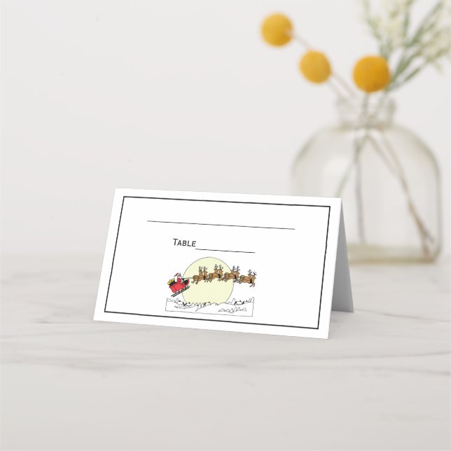 Santa Reindeer Over Snow Covered Town Lt Moon Place Card (Back)