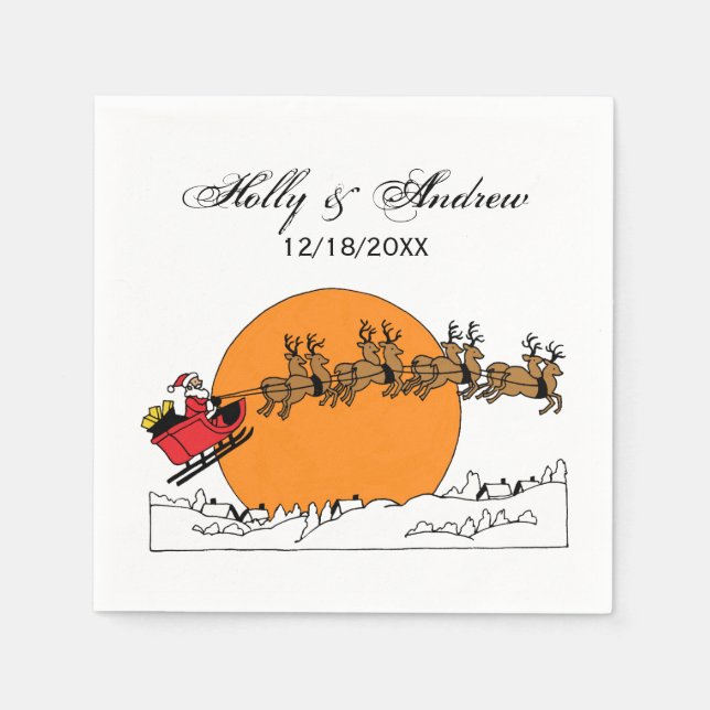 Santa Reindeer Over Snow Covered Town Moon Napkin (Front)