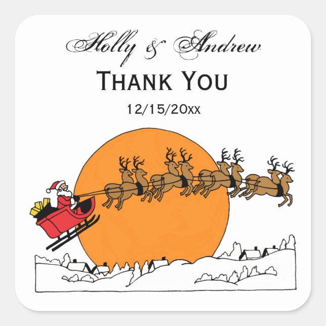 Santa Reindeer Over Snow Covered Town Moon Square Sticker (Front)