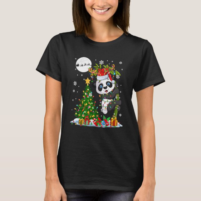 Santa Reindeer Panda Christmas Tree Lights Family T-Shirt (Front)