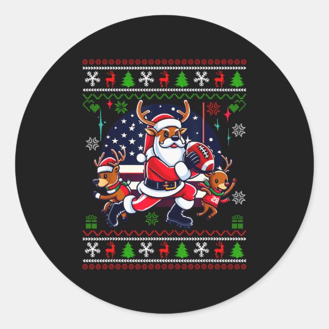 Santa Reindeer Play American Football Ugly Christm Classic Round Sticker (Front)