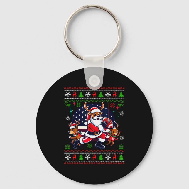 Santa Reindeer Play American Football Ugly Christm Key Ring (Front)