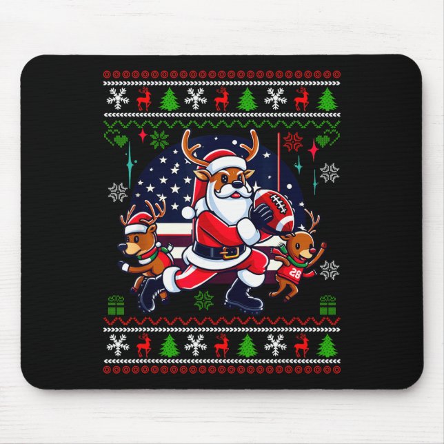 Santa Reindeer Play American Football Ugly Christm Mouse Pad (Front)