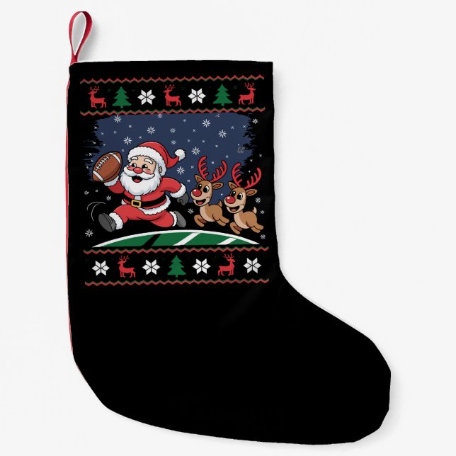Santa Reindeer Play American Football Ugly Xmas Small Christmas Stocking (Front)