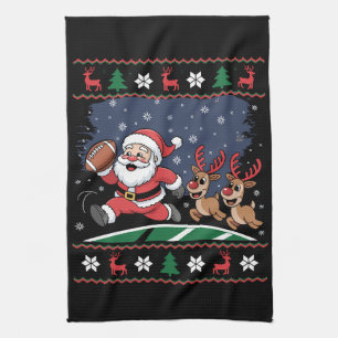 Santa Reindeer Play American Football Ugly Xmas Tea Towel