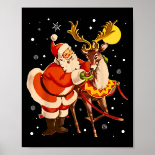Santa Reindeer Retro 1950s Vintage Christmas Women Poster