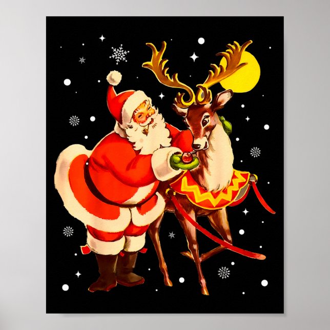Santa Reindeer Retro 1950s Vintage Christmas Women Poster (Front)