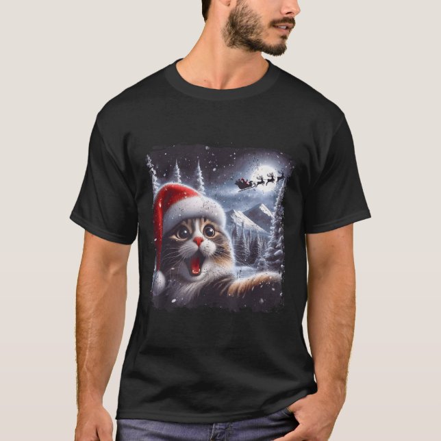 Santa Reindeer Selfie Cat Funny Christmas Tee  (Front)
