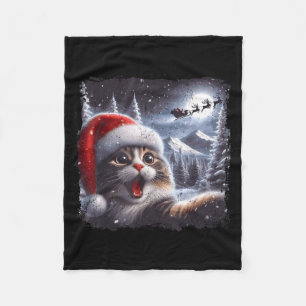 Santa Reindeer Selfie Cat Funny Christmas Tee  Fleece Blanket
