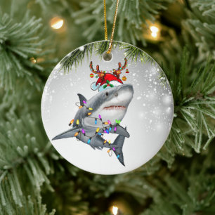 Santa Reindeer Shark Gift For Shark Lover  Ceramic Ornament