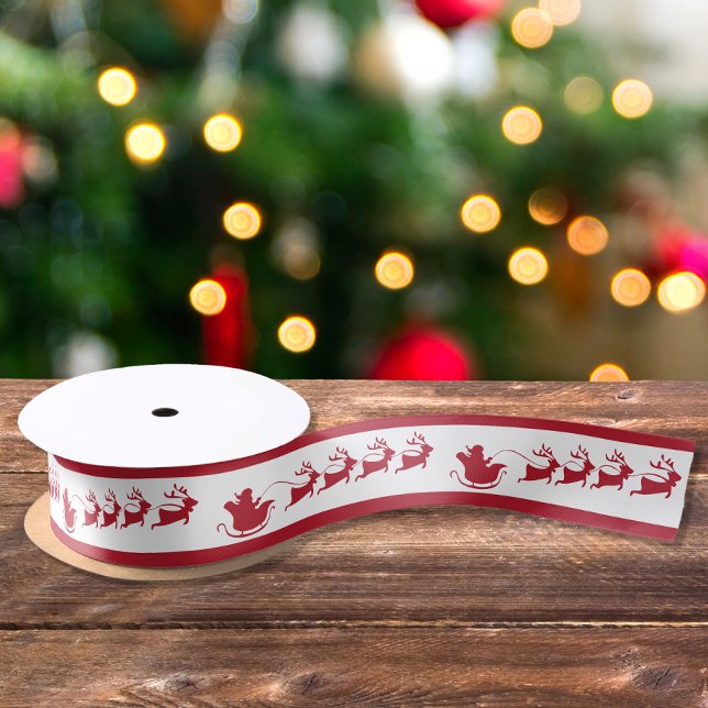 Santa Reindeer Sleigh Red White Satin Ribbon (Creator Uploaded)