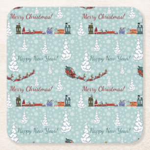santa reindeer team square paper coaster