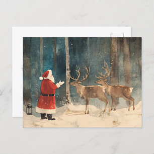 Santa Reindeer Vintage Christmas Holiday Postcard