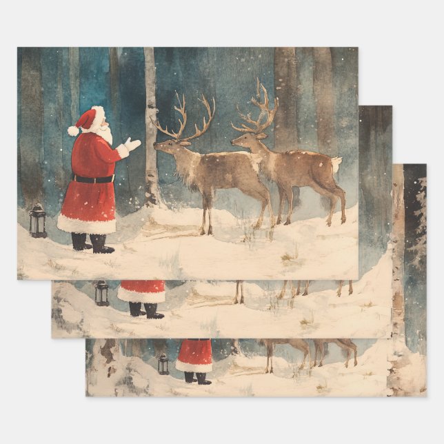 Santa Reindeer Vintage Christmas Wrapping Paper Sheet (Set)