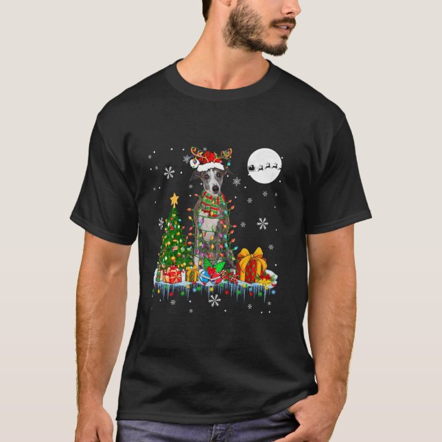 Santa Reindeer Whippet Christmas Tree Lights Dog L T-Shirt (Front)