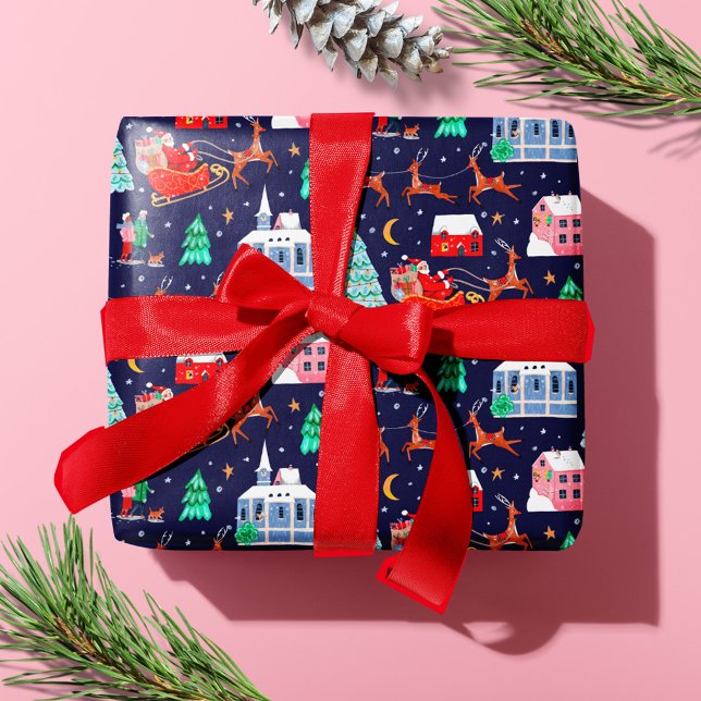Santa & Reindeers Christmas Night Nordic Village Wrapping Paper (Santa & Reindeers Christmas Night Nordic Village Wrapping Paper)