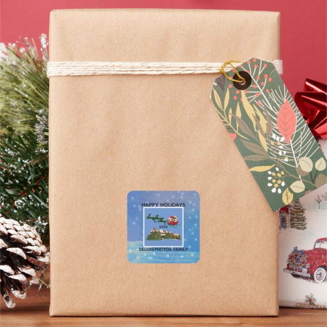 Santa Reindeers Happy Holidays Square Sticker (Holiday)