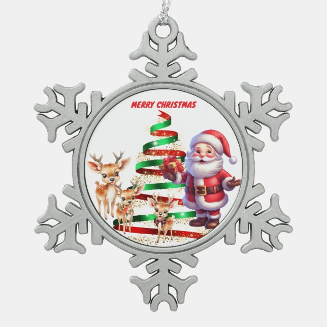 SANTA & REINDEER'S PEWTER SNOWFLAKE ORNAMENT (Front)