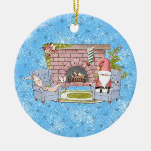 Santa Relaxing by the Fireplace with Easter Bunny Ceramic Ornament