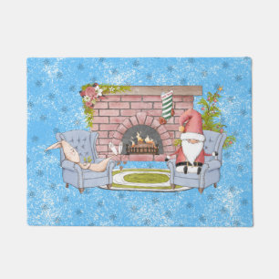 Santa Relaxing by the Fireplace with Easter Bunny Doormat