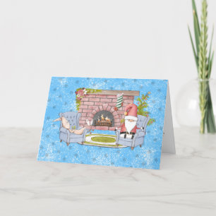Santa Relaxing by the Fireplace with Easter Bunny  Holiday Card