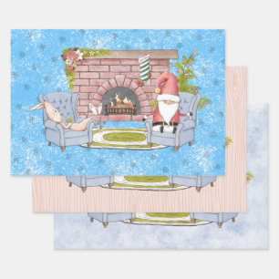 Santa Relaxing by the Fireplace with Easter Bunny Wrapping Paper Sheet