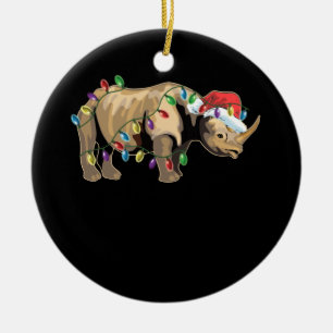 Santa Rhino Christmas Lights Rhino Lover Christmas Ceramic Ornament