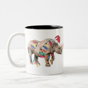 Santa rhino christmas lights rhino lover christmas Two-Tone coffee mug