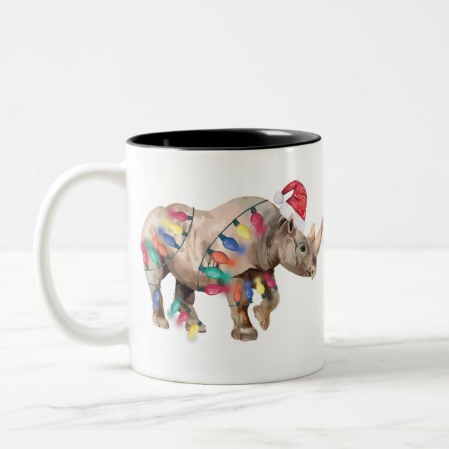 Santa rhino christmas lights rhino lover christmas Two-Tone coffee mug (Left)