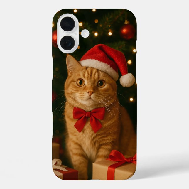 Santa Ribbon Cat iPhone 16 Plus Case (Back)