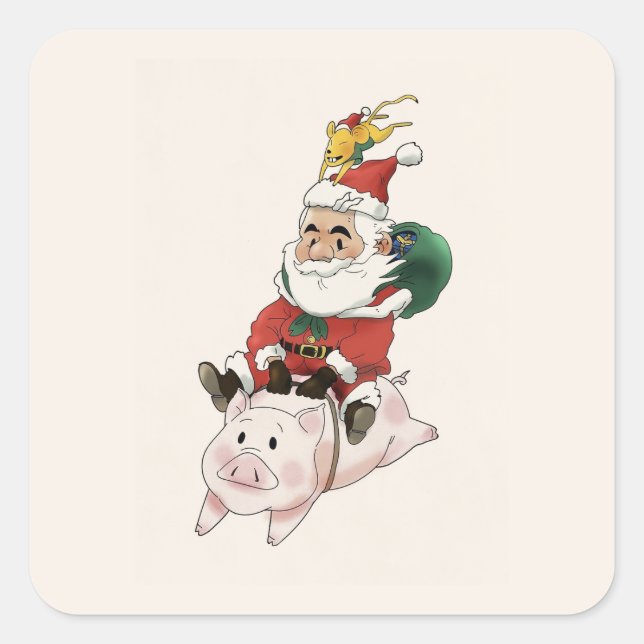 Santa Ridding A Pig With A Mouse Holding On cards  Square Sticker (Front)