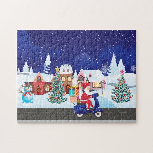 Santa ride scooter in the night town jigsaw puzzle (Horizontal)