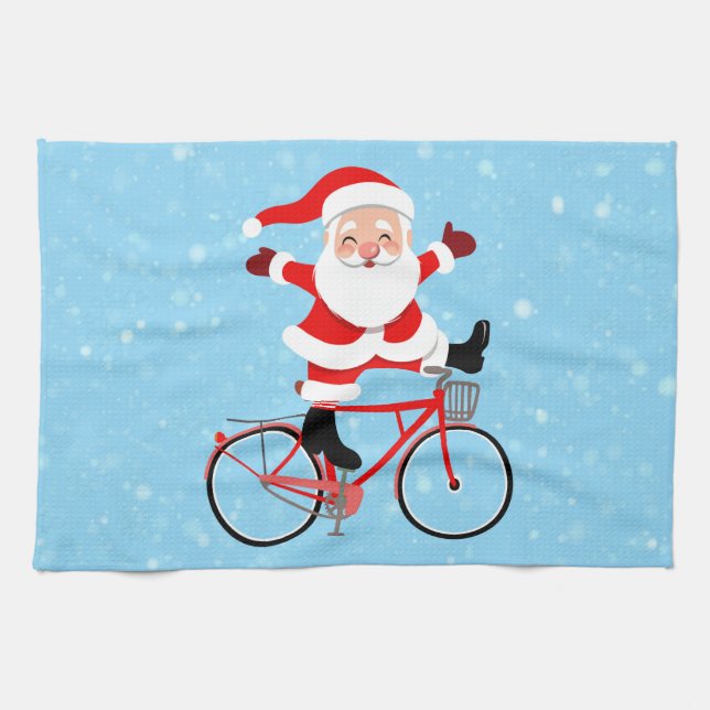 Santa rides a Bicycle Tea Towel (Horizontal)