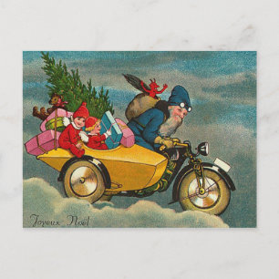 Santa Rides a Motorcycle - Christmas Holiday Postcard
