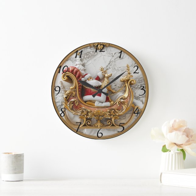 Santa rides a sleigh with reindeer large clock (Home)
