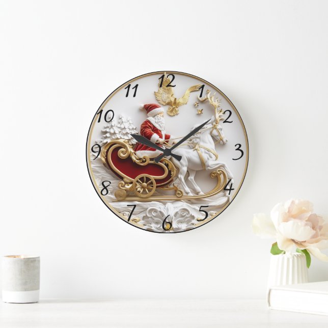 Santa rides his sleigh through winter large clock (Home)