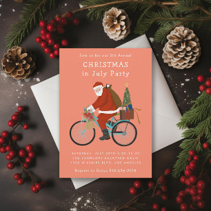 Santa Riding a Bicycle Christmas In July Party Holiday Card