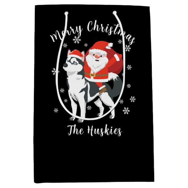 Santa Riding a Husky Dog Merry Christmas Medium Gift Bag (Front)